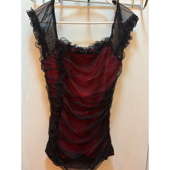 Boston Proper Black and Red Blouse with lace ruffles on the neckline and sleeve - Picture 4 of 5